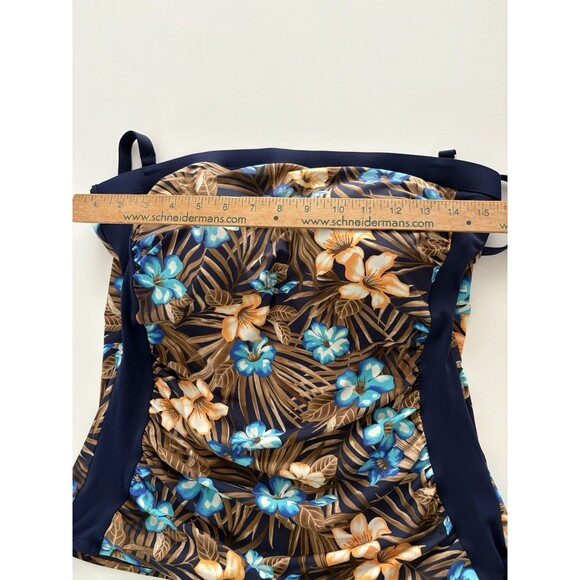 Lands End Swim Top Size 12 Blue Brown Floral Blouson Tummy Hiding Ruched Tankini - Picture 8 of 11